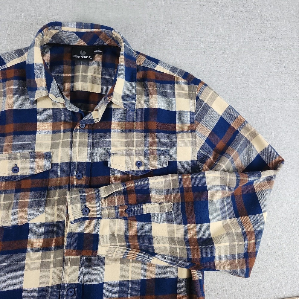 Burnside Mens Large Plaid Flannel Shirt Soft Button Flap Pockets Blue Tan Skater